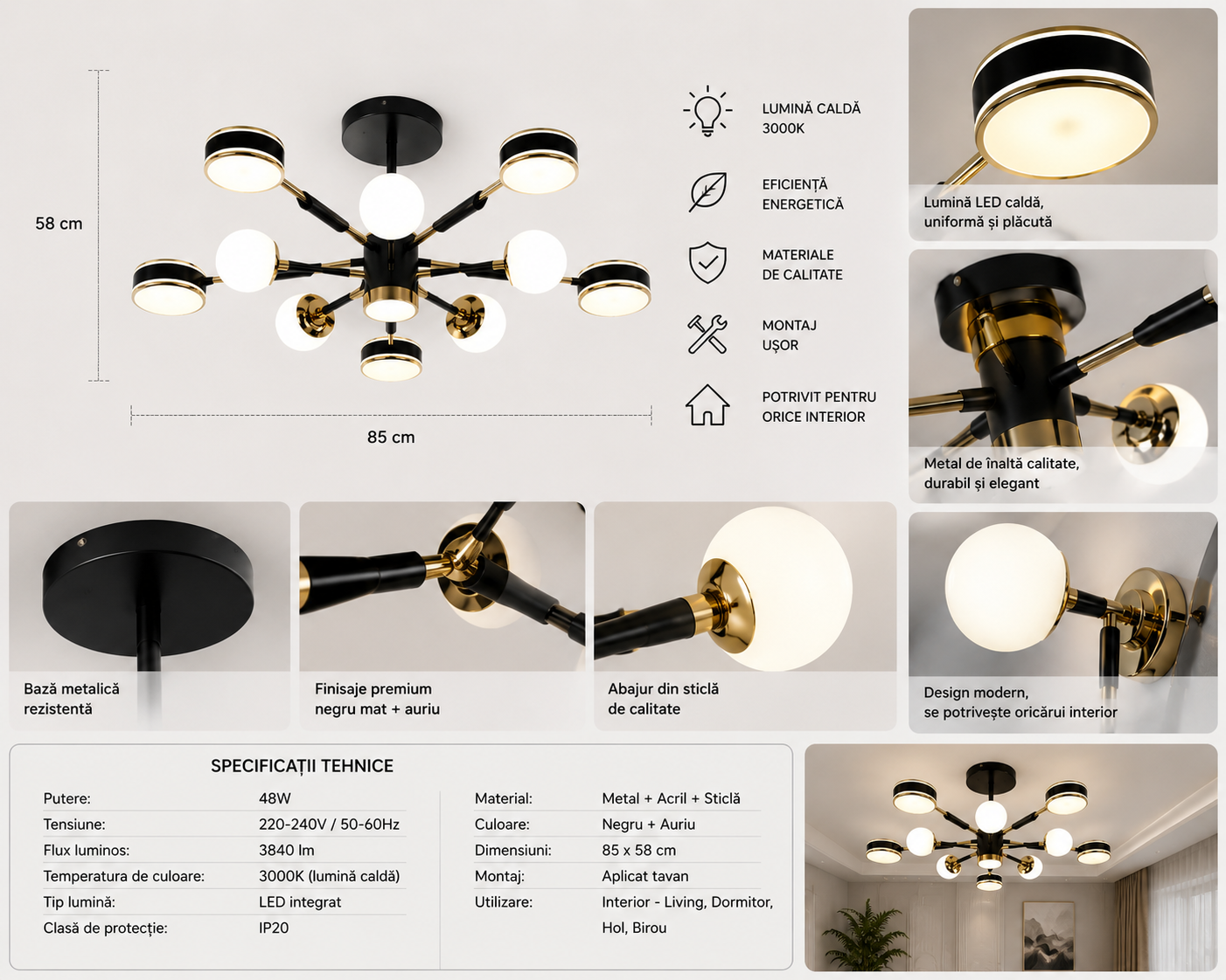 Lustra LED 77108/5+5+1BK, 130W, telecomandă, lumină reglabilă 3000K-6500K