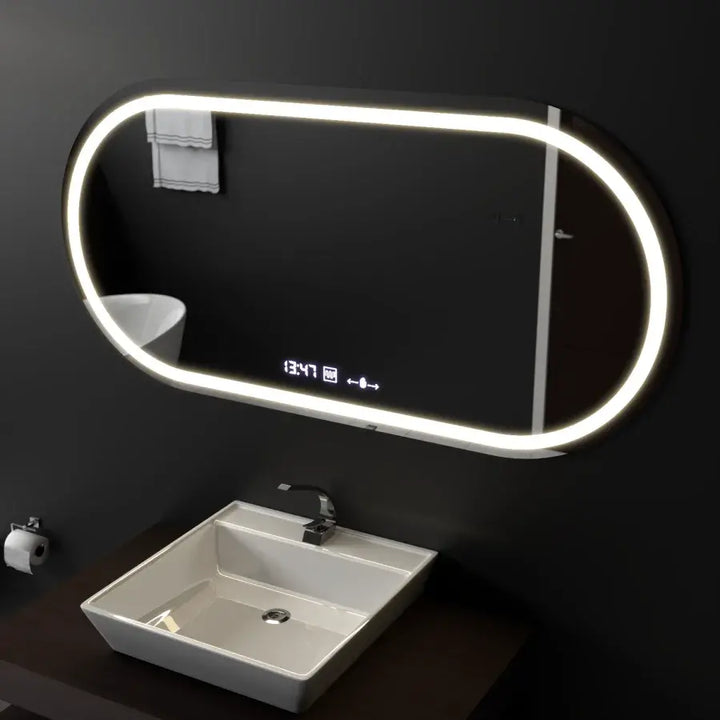 Oglinda LED ovala 80×50 cm cu senzor, dezaburire și ceas digital