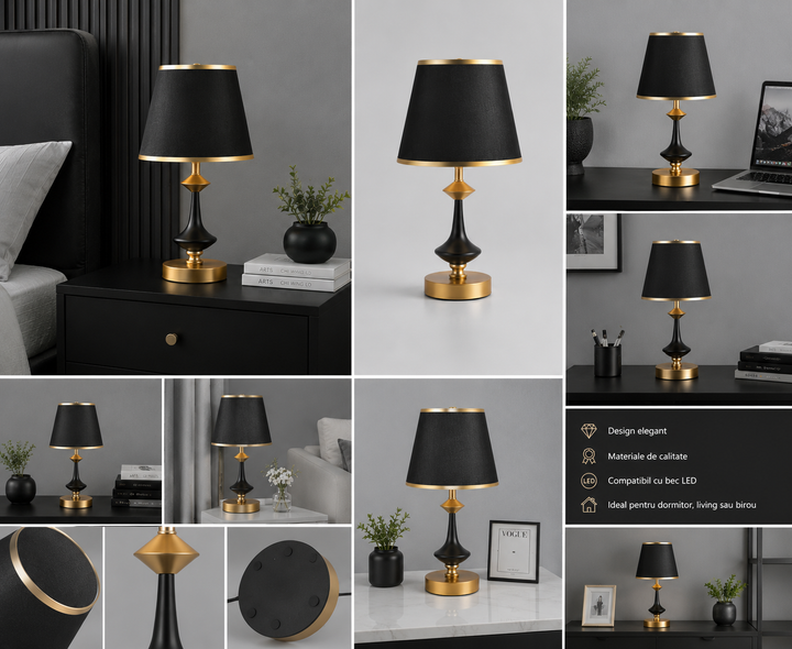 Veioza de Masă Albă cu Accente Aurii, H45 cm – Model 8619/BK, Design Modern și Elegant