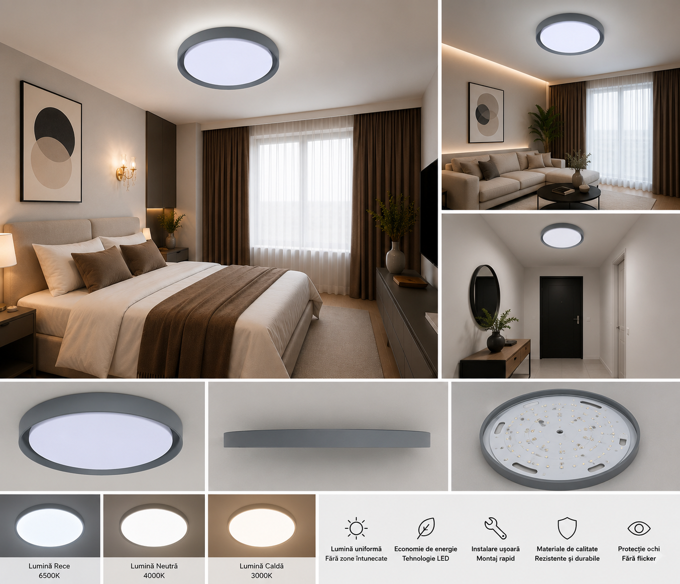 Plafoniera LED rotunda, Ø460 mm, 96W, 3000K+6500K, ML-005/460GR