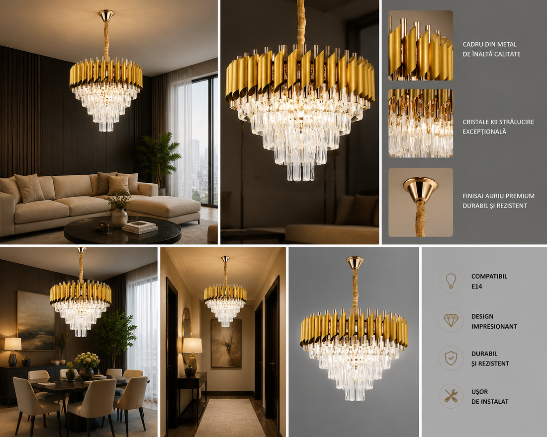 Candelabru, dimensisune 50cm E27 Auriu-Negru 7 Becuri Cristale 9001/500FG+BK