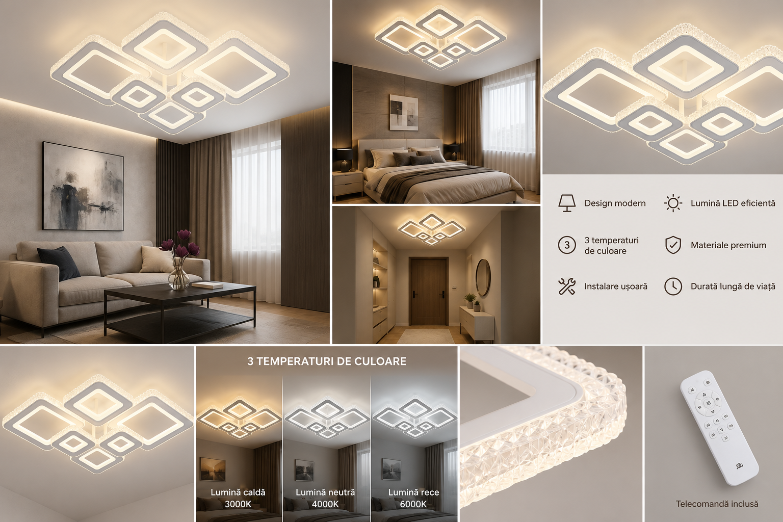 Lustra LED, 240W cu Telecomandă – 3 Trepte de Lumină, Alb & Crom, 730×510 mm 26033/2+2+2WH+CR