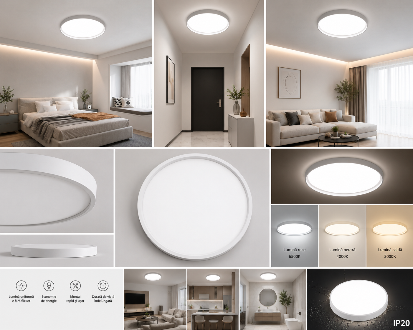 Plafoniera LED rotunda albă 30W, Ø300 mm, lumină reglabilă 3000K / 4500K / 6500K ML-007/300WH