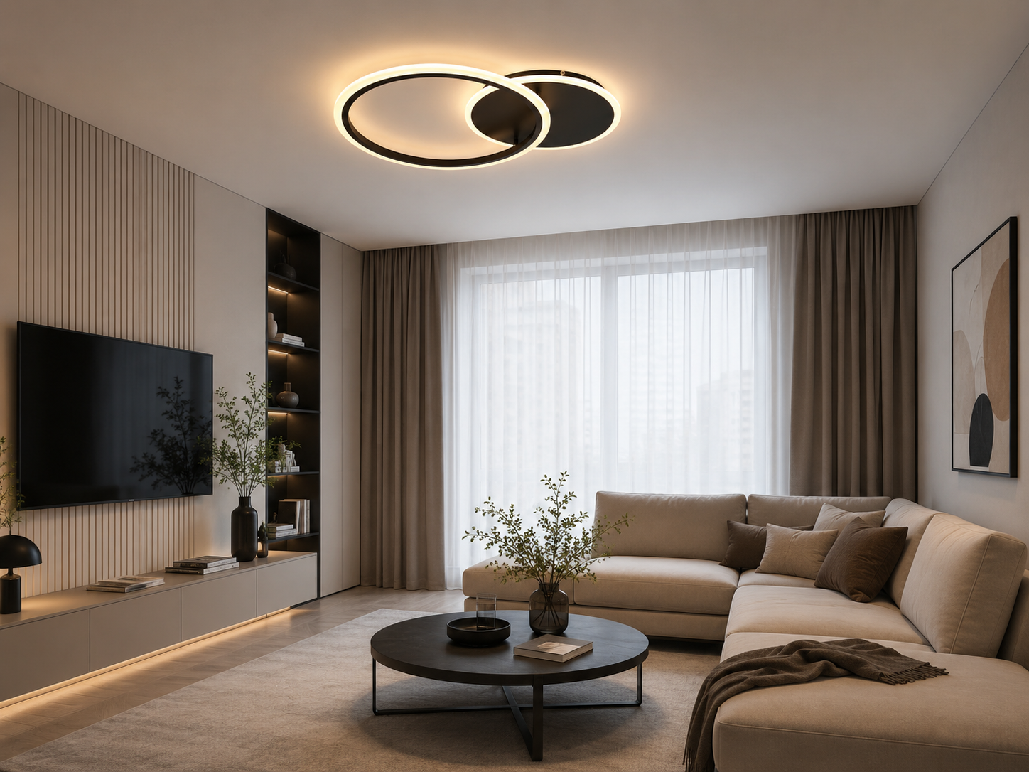 Lustra led LED cu cercuri, model 8888/2BK , Negru, telecomandă, 66W