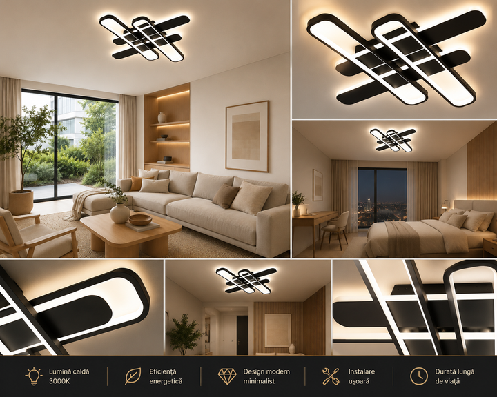 Lustră LED modernă 156W cu telecomandă, design geometric negru – 8753/4BK