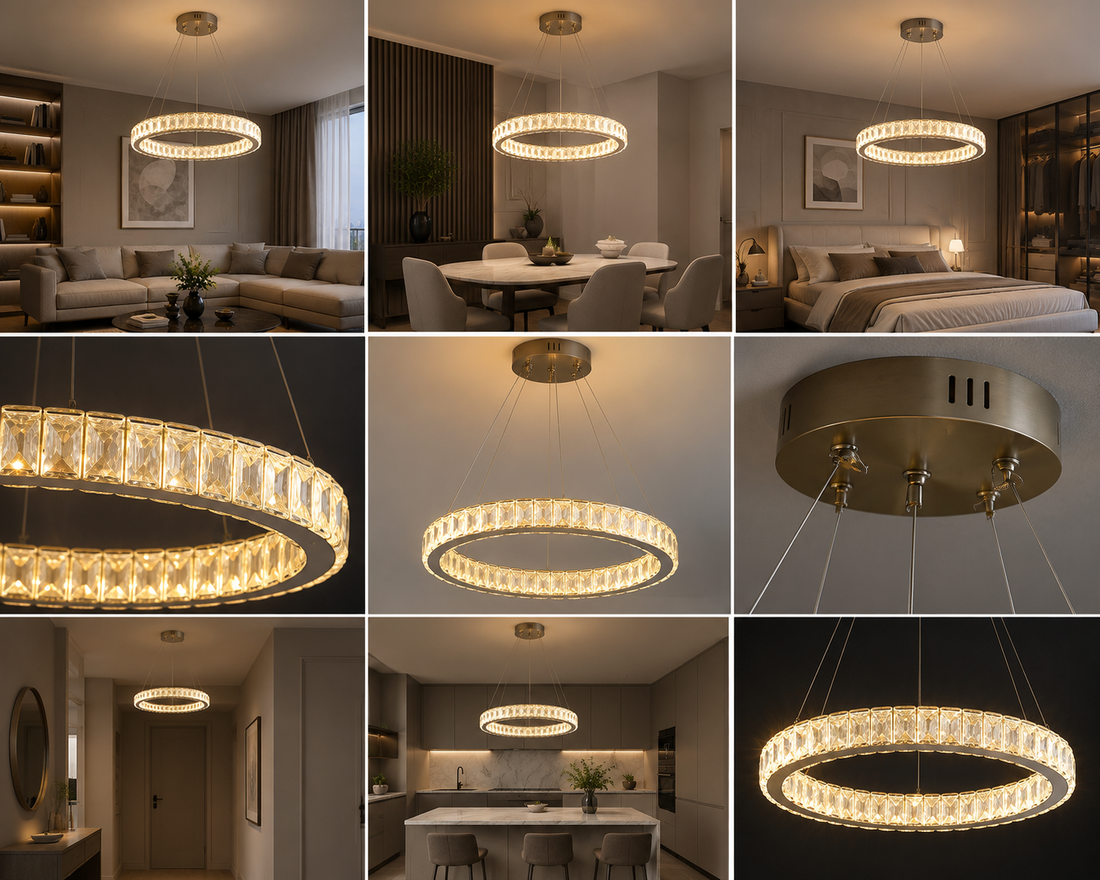 Pendul LED tip inel cu cristale, telecomandă inclusă, 56W, Ø500×H1500 mm, lumină reglabilă 3000K–6500K