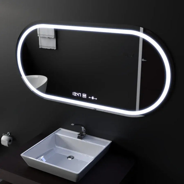 Oglinda LED ovala 80×50 cm cu senzor, dezaburire și ceas digital