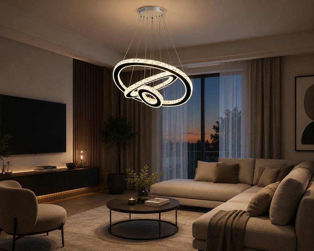 Candelabru LED cu 3 Inele Suspendate – 3×58W, Ø55 cm, cu Telecomanda si Culoare Reglabila