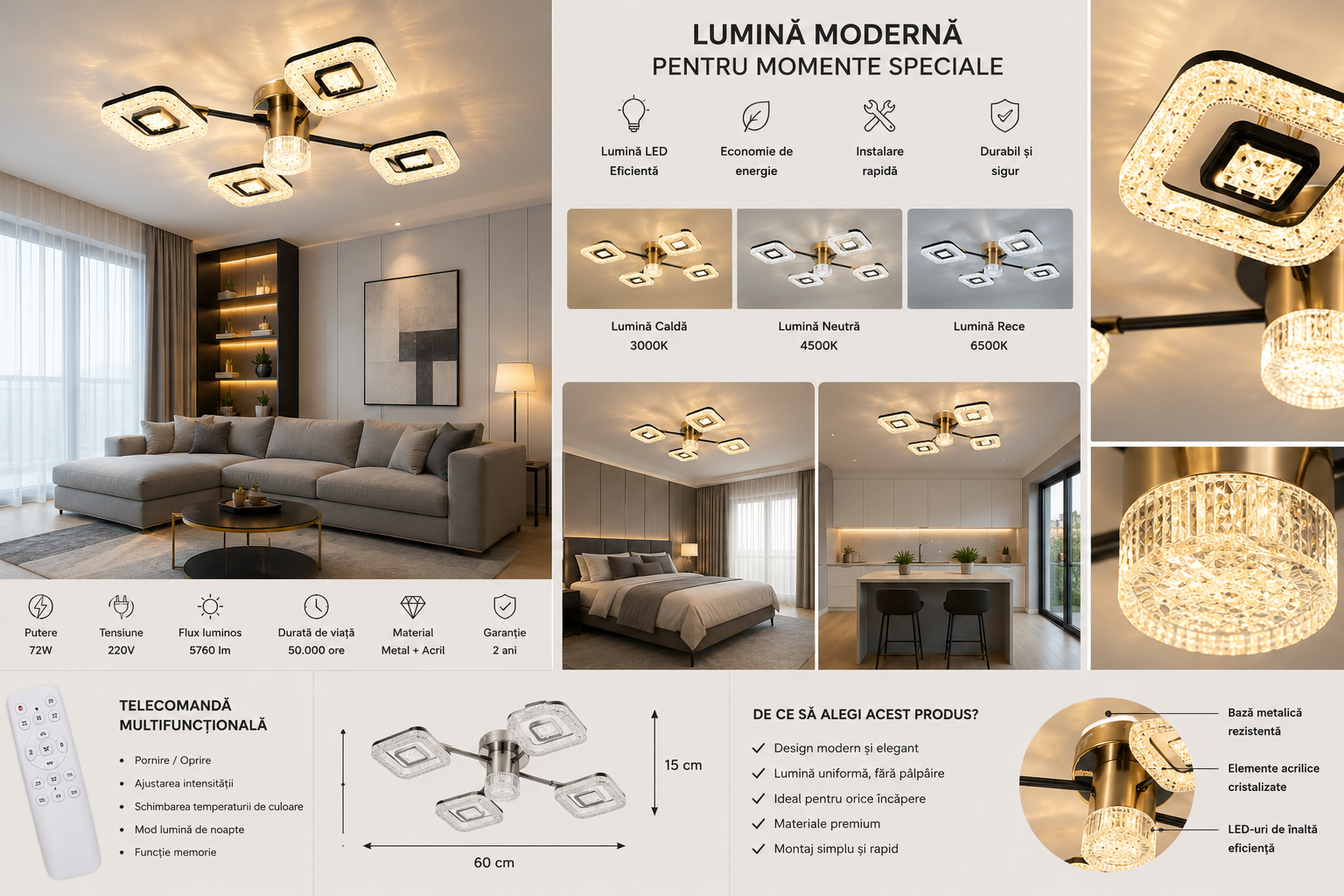 Lustra LED cu design modern si lumina reglabila – Model 26054/2+2+1GM+FGD