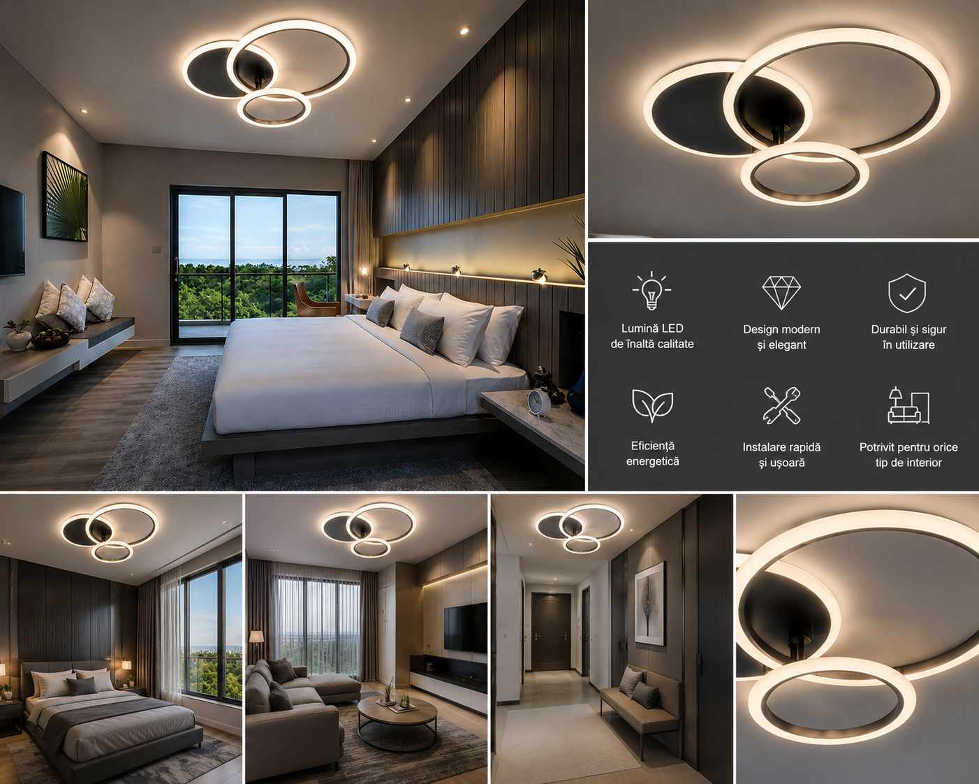 LUSTRA LED CU TELECOMANDA, MODEL 8888/3 – NEGRU 3 CERCURI, 98W