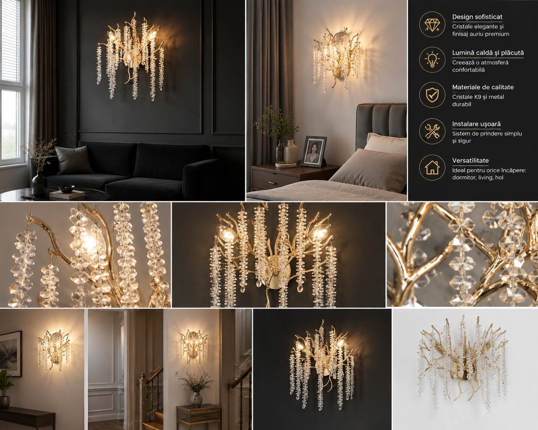 Aplica LED cu cristale K9, 2 surse E14, Ø30 cm, 27095/2, finisaj auriu
