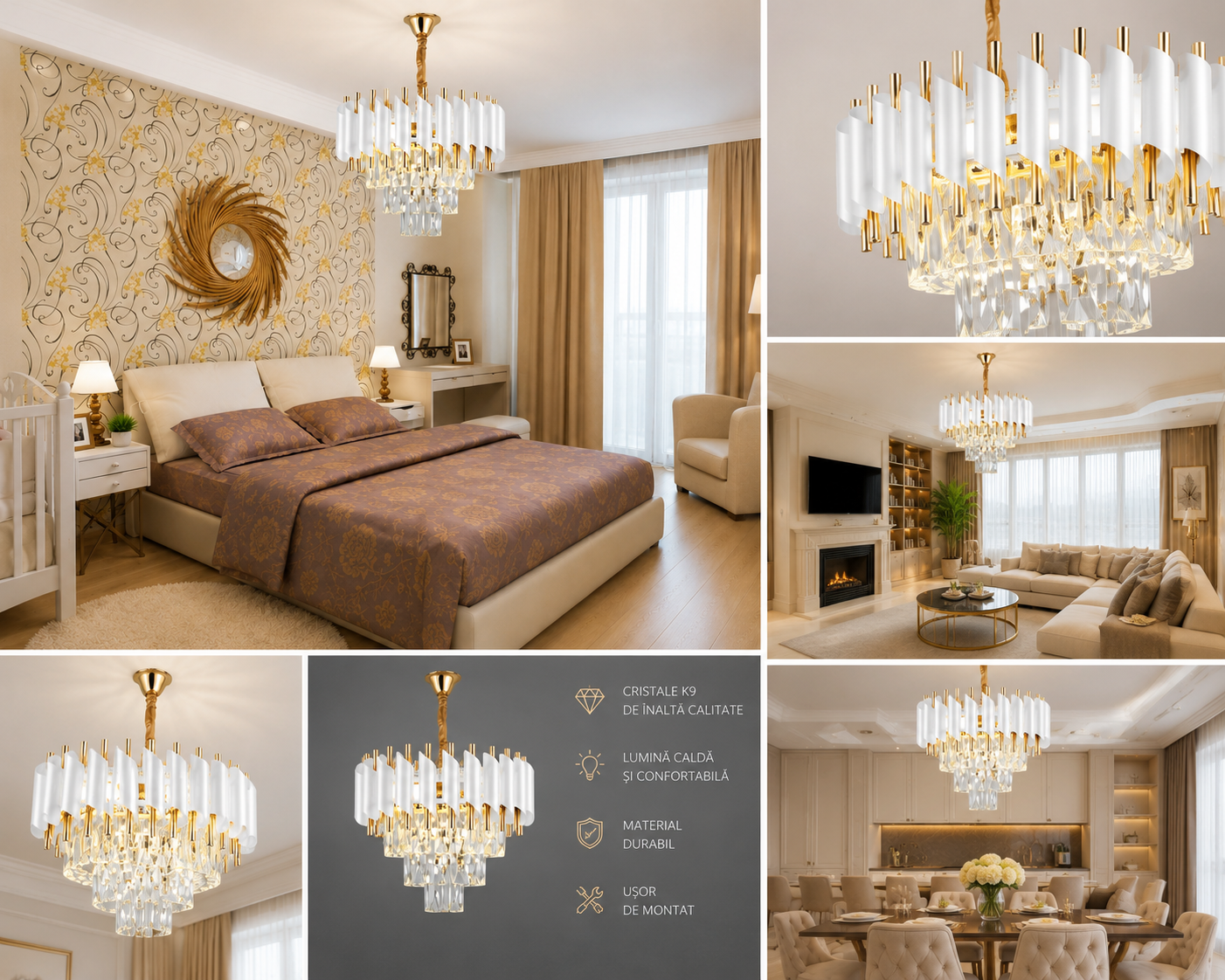 Candelabru elegant Auriu cu Accente Albe și Cristale – Model 9001/300 WH+FGD