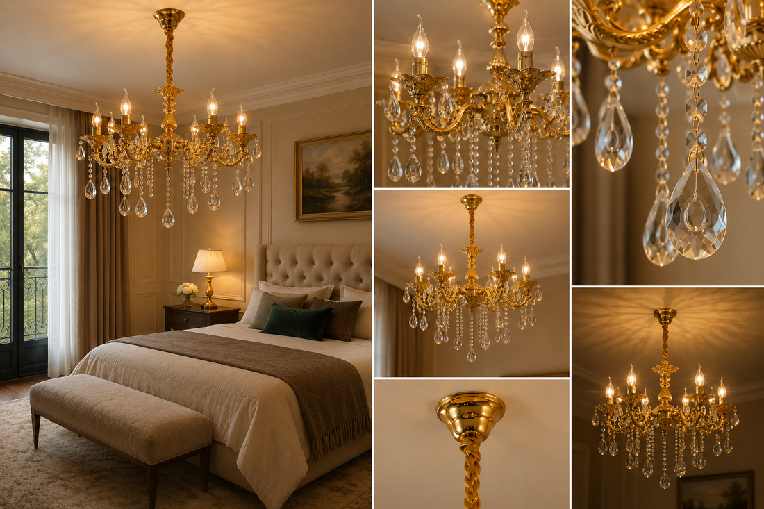Candelabru clasic cu cristale, 8 brațe, Ø740×H980 mm, soclu E14, finisaj auriu lucios