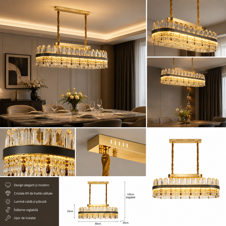 Candelabru LED Cristal Luxury Oval Gold 8651, 140W, L800×300 mm, lumină rece 8651/800x300