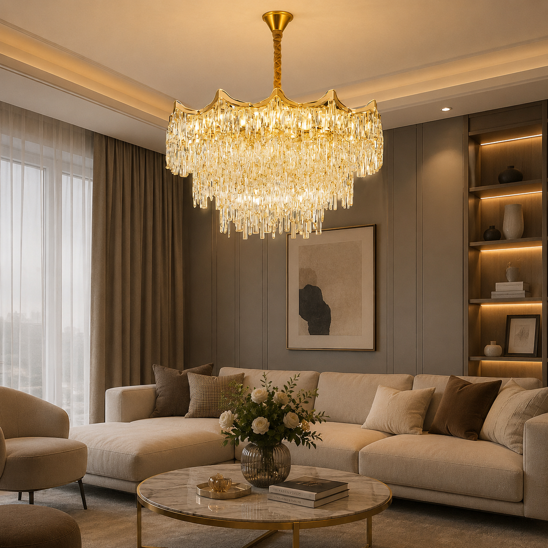 Candelabru Auriu cu Cristale – 20×E27, Ø78 cm, Impunător și Strălucitor