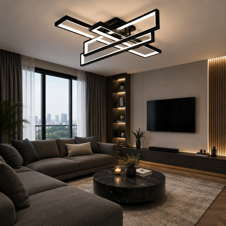 Lustra LED Moderna, 192W, 3000-6500K, cu Telecomanda, Design Geometric, Negru, Model L77283/2+2