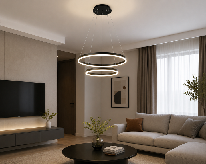 Pendul LED cu 2 cercuri suspendate, 140W, Ø500×H1500 mm, lumină reglabilă 3000K–6500K, telecomandă inclusă, finisaj cafeniu închis (BK)