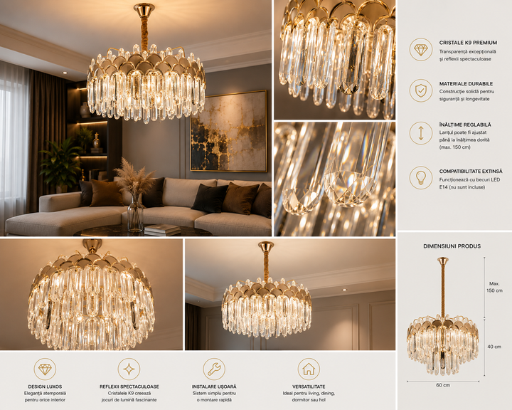 Candelabru Ø480×H285 mm, LED 188W, cristale verticale și cadru auriu decorativ 98093/500