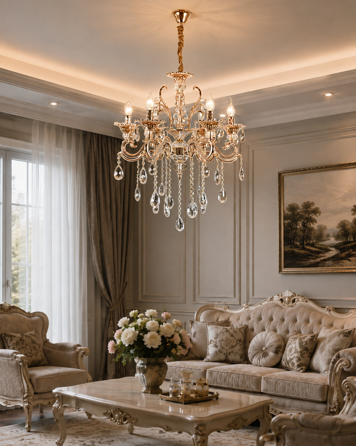 Candelabru clasic cu cristale, 6 brațe, Ø680×H940 mm, soclu E14, finisaj auriu lucios