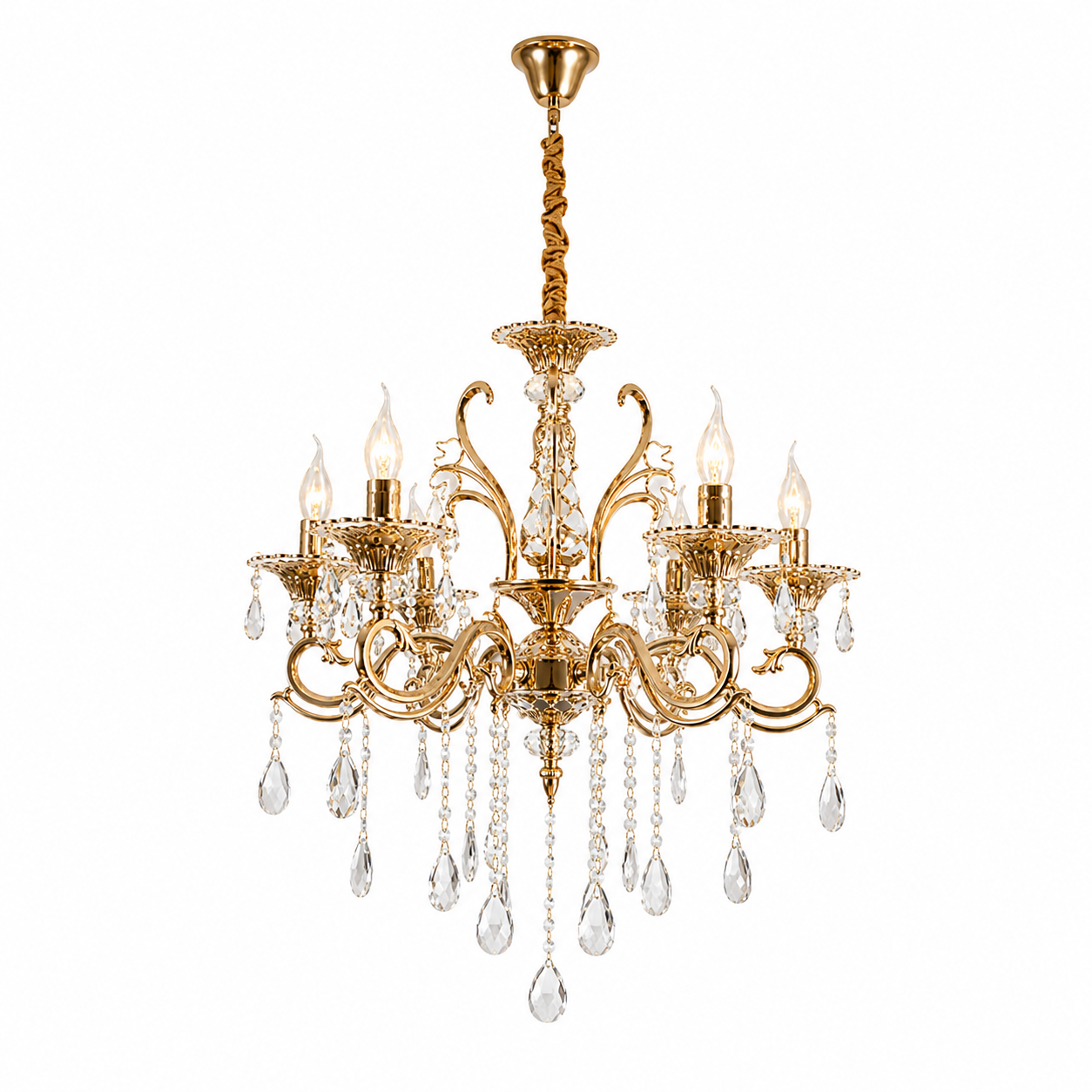 Candelabru clasic cu cristale, 6 brațe, Ø680×H940 mm, soclu E14, finisaj auriu lucios