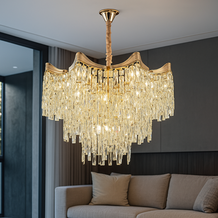 Candelabru Auriu cu Cristale – 10×E27, Ø56 cm, Rafinament și Lumină Generoasă