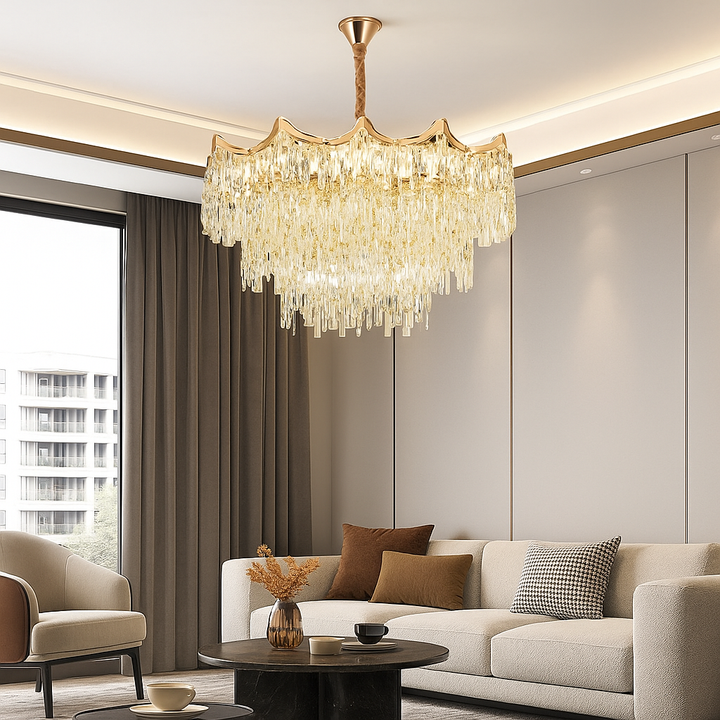 Candelabru Auriu cu Cristale – 20×E27, Ø78 cm, Impunător și Strălucitor