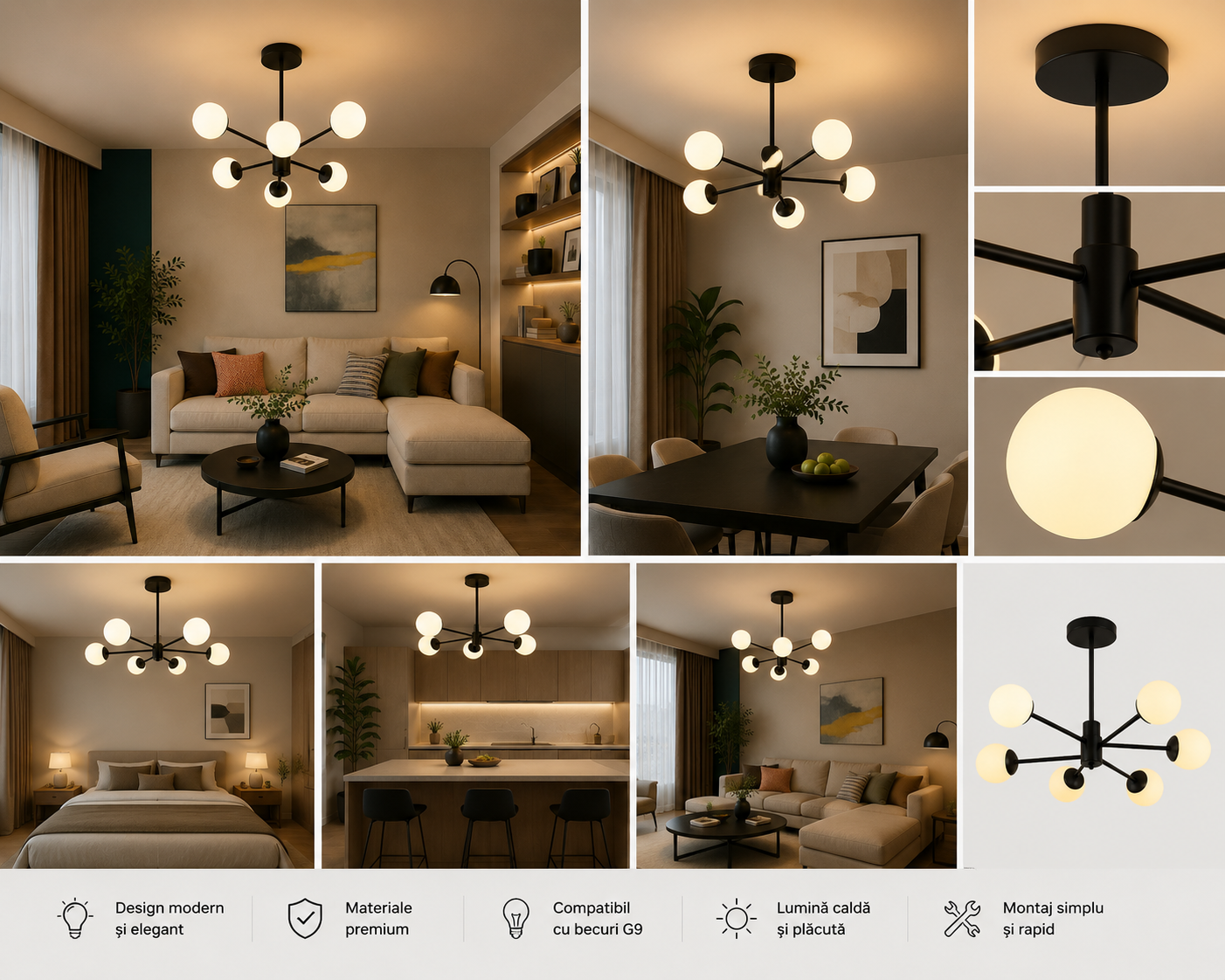 Pendul LED modern neagra cu 6 brațe – Design elegant pentru living – 9856/6