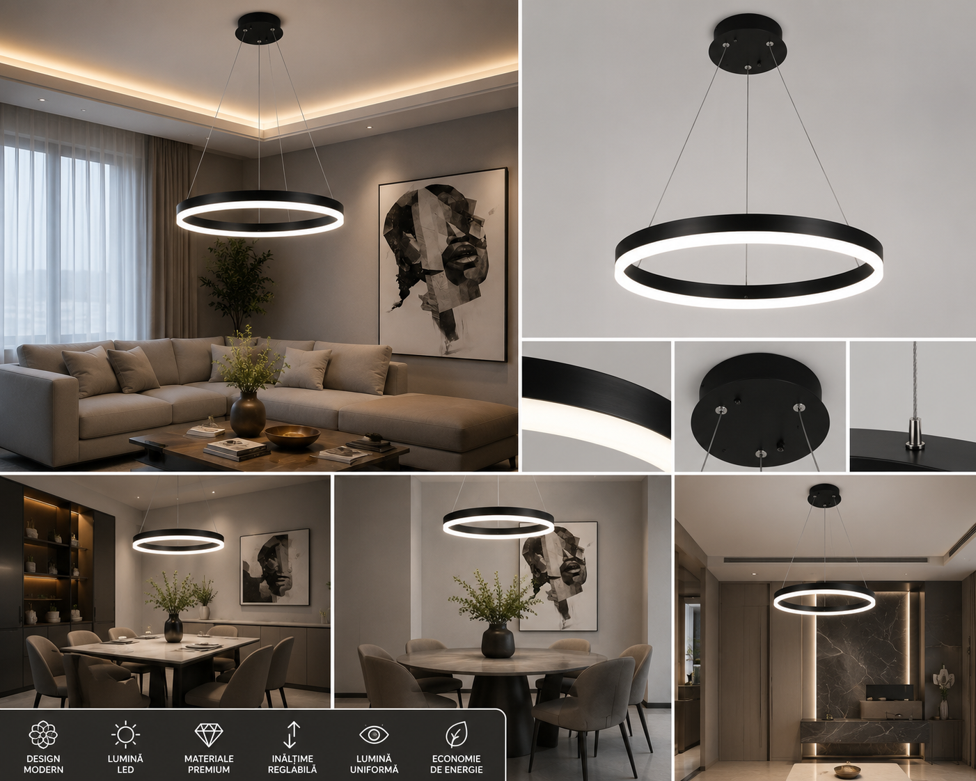 PENDUL  LED CU TELECOMANDA, 44W LUMINA REGLABILA 3000K–6500K, INELE NEGRE, 715×500×105 MM A19/400