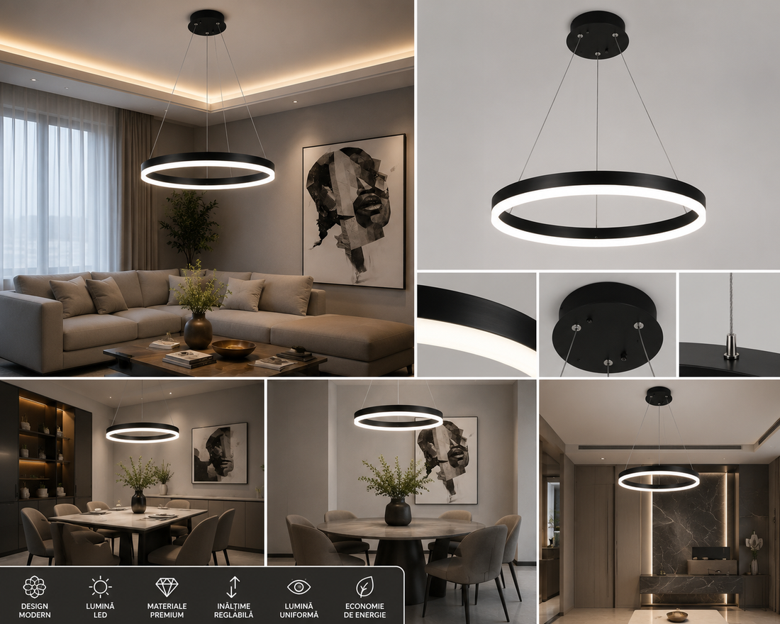 PENDUL  LED CU TELECOMANDA, 44W LUMINA REGLABILA 3000K–6500K, INELE NEGRE, 715×500×105 MM A19/400