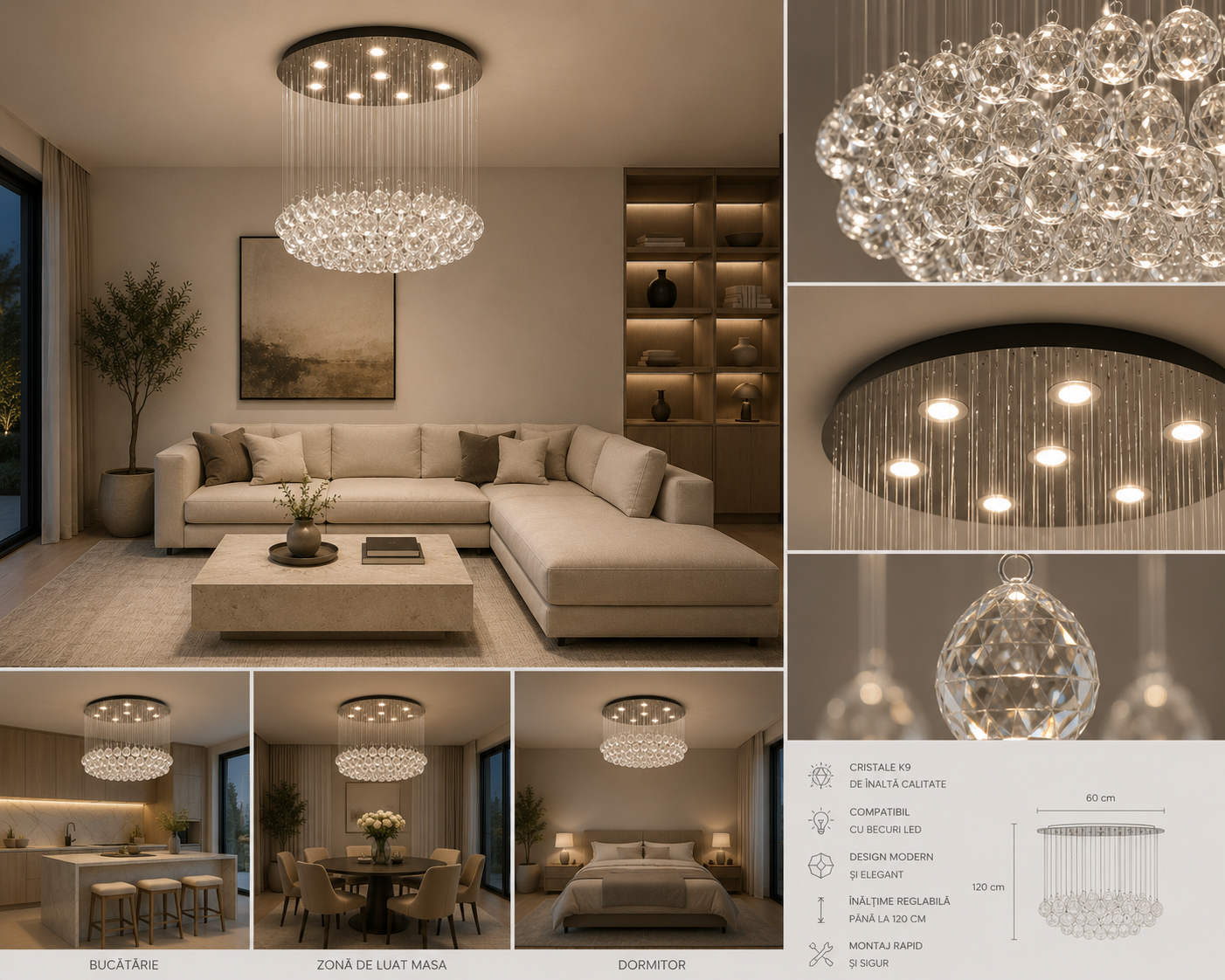 Candelabru LED cu cristale, 600×600×430 mm, 45W, 4000K, 6005/9