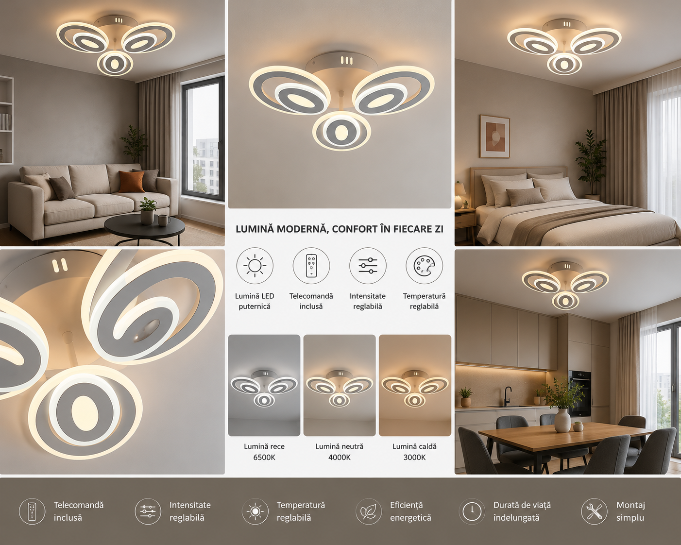 Lustră LED modernă cu cristale, 6 surse de lumină, Ø ≈ 510 mm, 60W total, finisaj alb & crom – model 19460/3+3