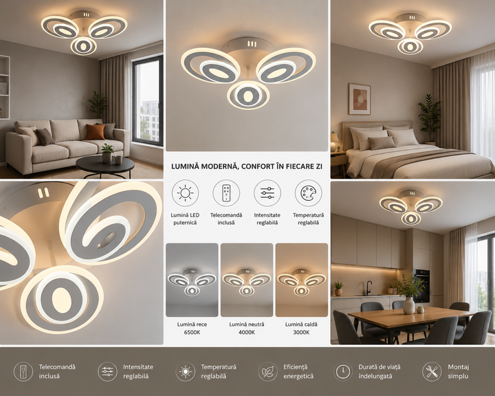 Lustră LED modernă cu cristale, 6 surse de lumină, Ø ≈ 510 mm, 60W total, finisaj alb & crom – model 19460/3+3