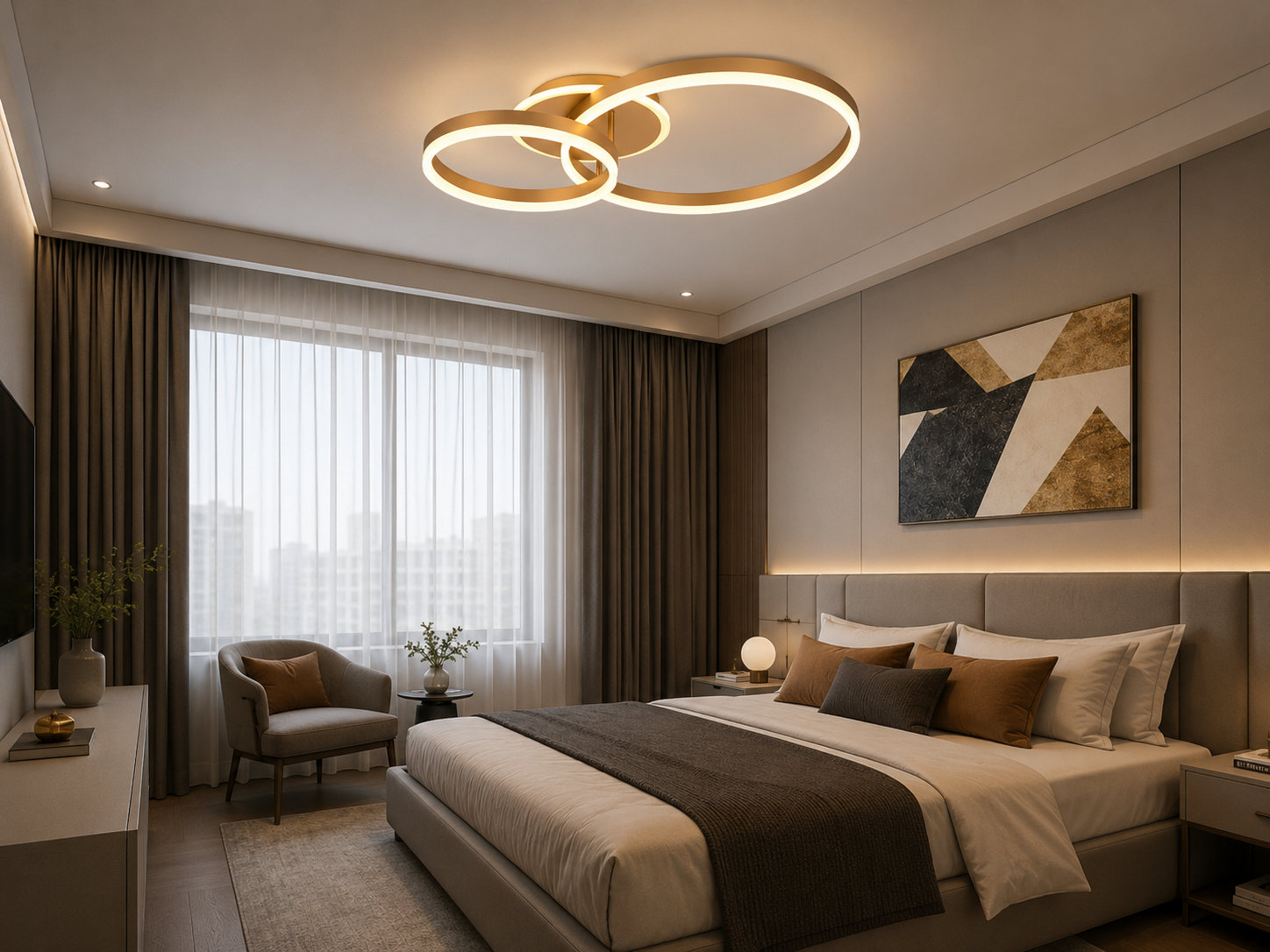 Lustră LED modernă cu inele aurii, 2x61W, 715×500×105 mm, lumină reglabilă 3000K–6500K, telecomandă inclusă