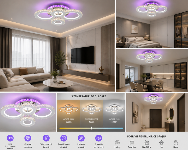 Lustra LED Cristal RGB cu Telecomanda, 136W, Lumina Reglabila 3500-6500K, Design Modern – Model 2875-4