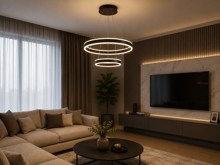 Pendul  LED Suspendată 2 Cercuri, 180W cu Telecomandă, Temperatură Culoare Reglabilă 3000K–6500K, Design Modern Negru – SJ030-500-300