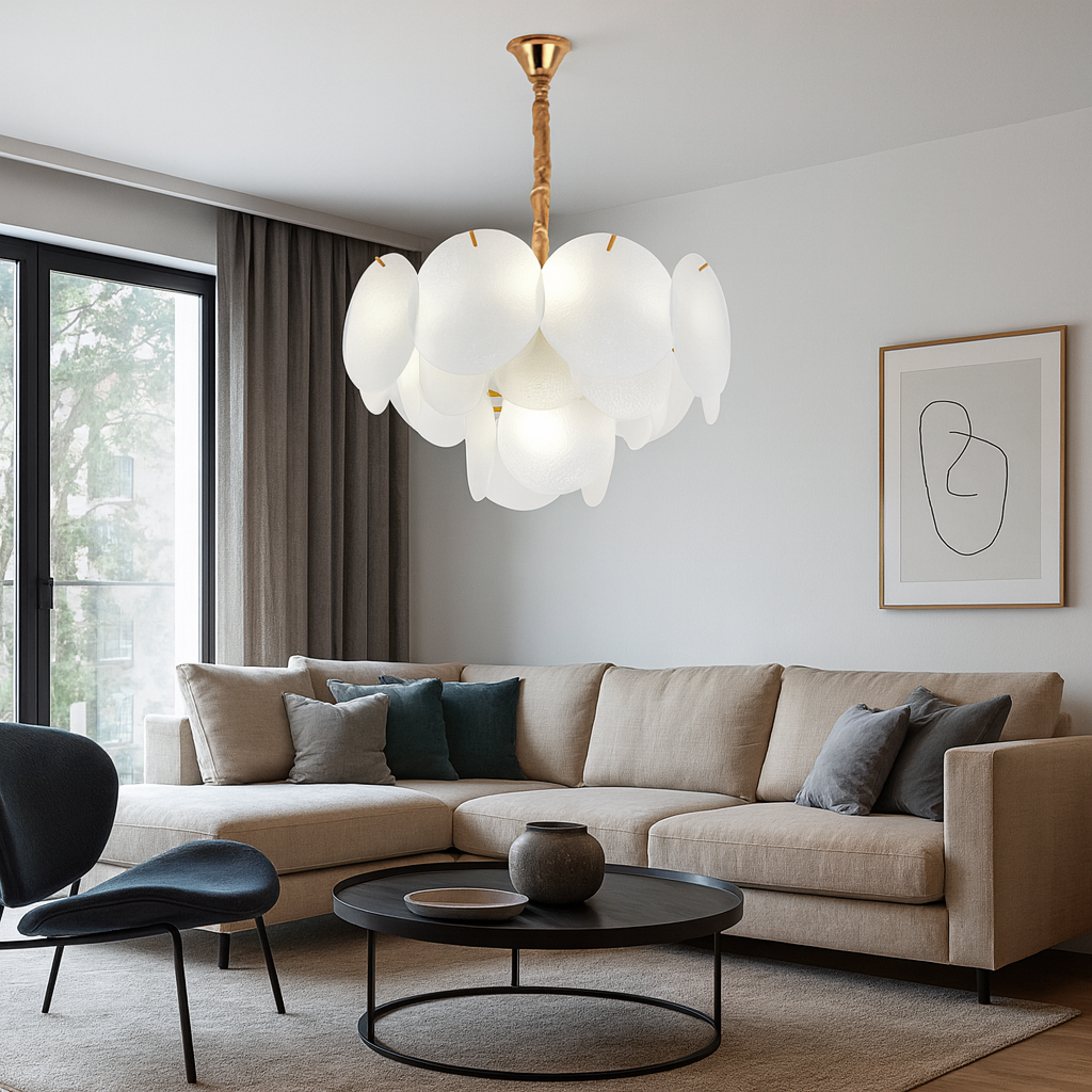 Candelabru modern cu abajururi din sticlă mata, 5 becuri E27, Ø40 cm, H25 cm, model 5867-400 TB