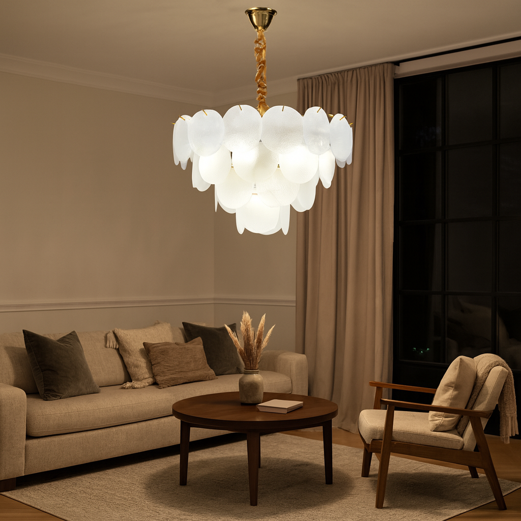 Candelabru modern cu sticlă mată, 8 becuri E27, Ø50 cm, H30 cm, model 5867-500 TB