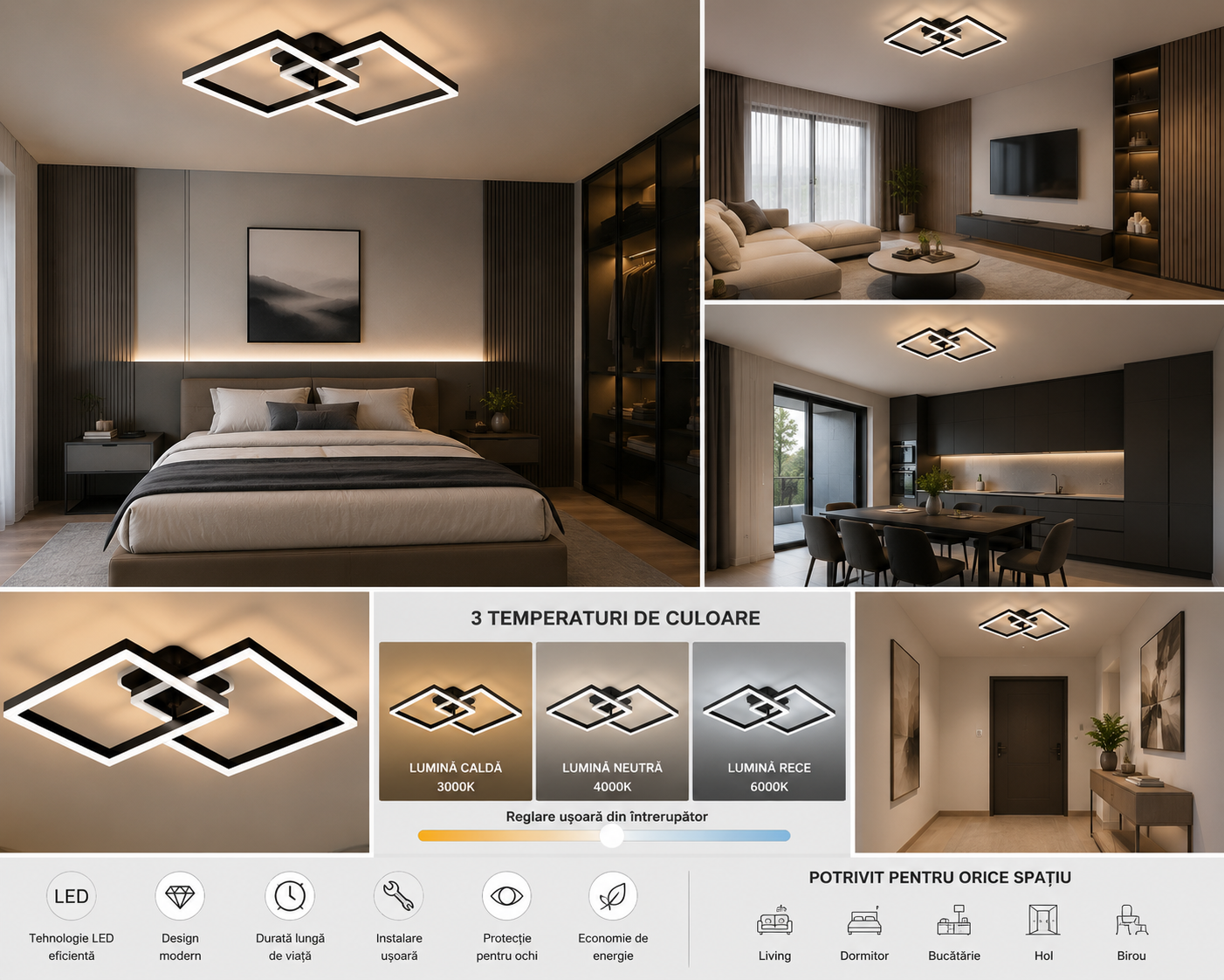 Lustra LED cu telecomanda, 2x71W, lumina reglabila 3000K–6500K, 550×550×150 mm, design pătrat modern 71125/400+300BK