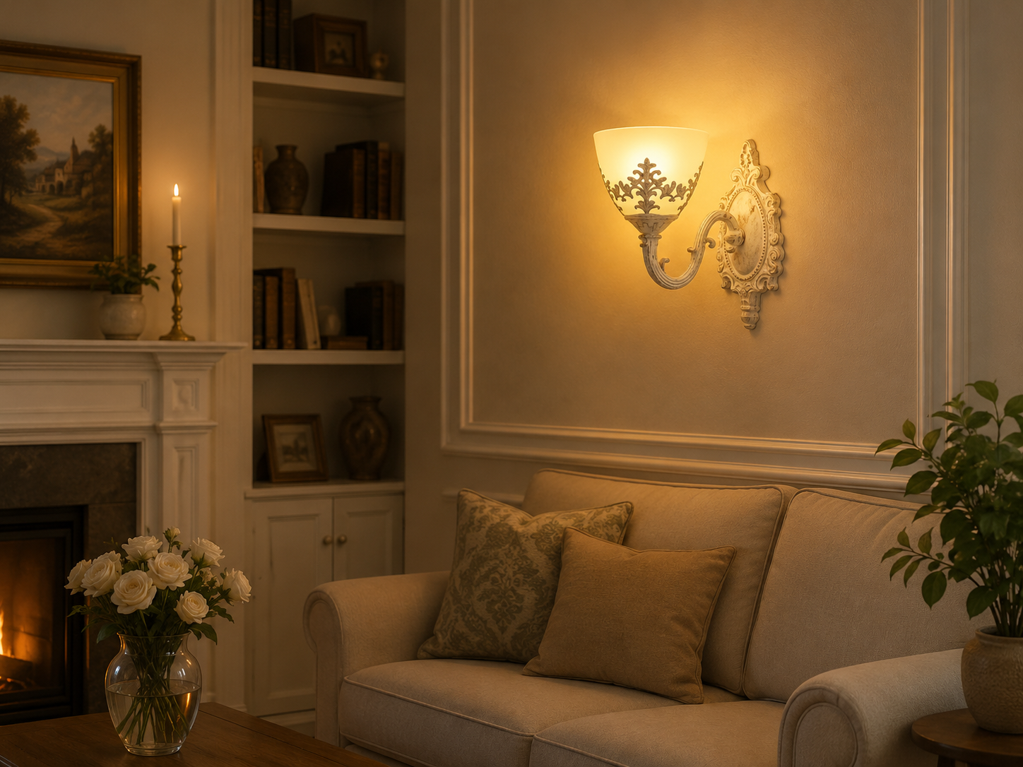 Aplica de perete vintage, 1 bec E27, L220×220×230 mm, finisaj alb-auriu, design ornamental clasic
