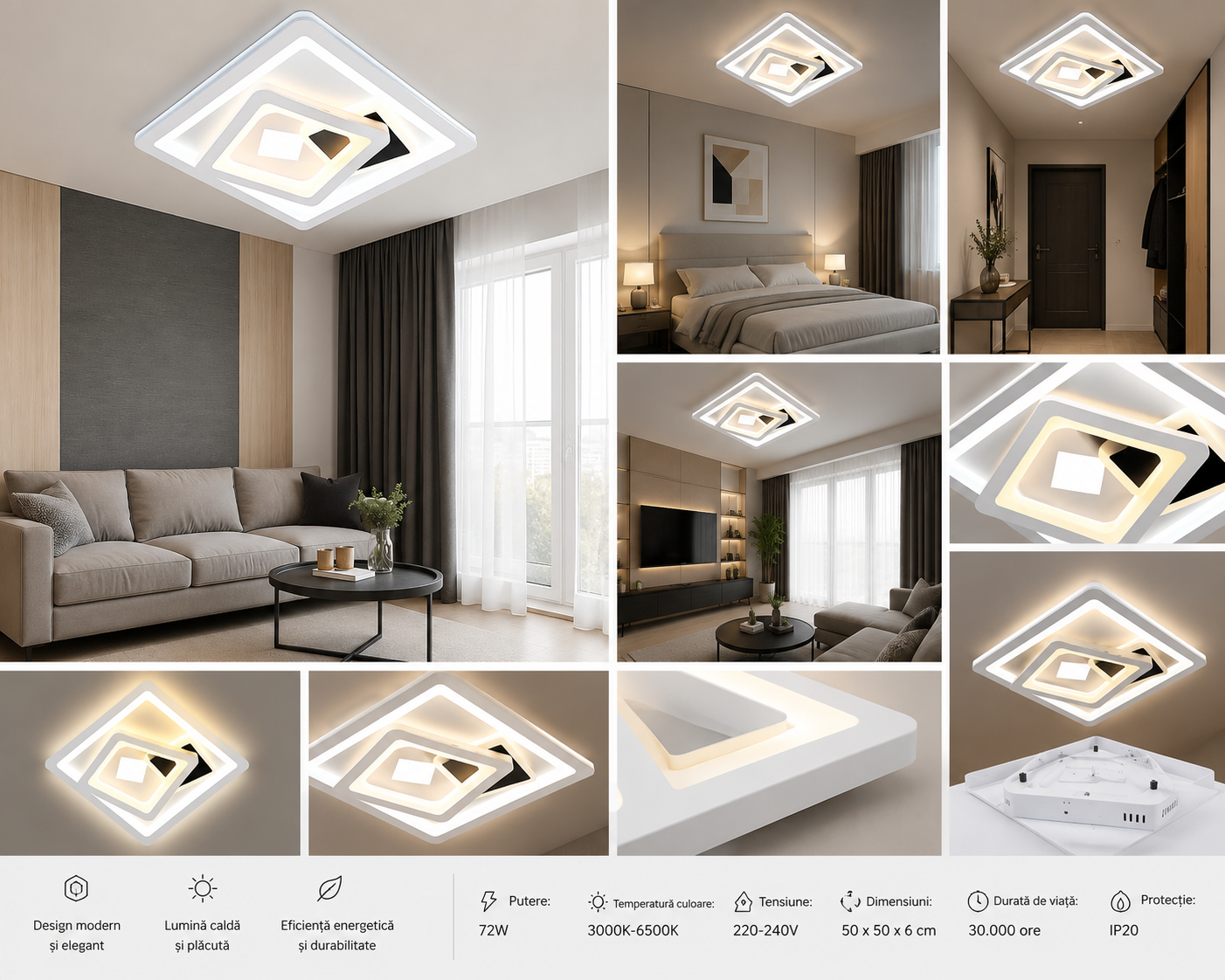 Aplica LED pătrată, 36 W, 240×240 mm, temperatură reglabilă 2800–6500 K – model SX8787/240F