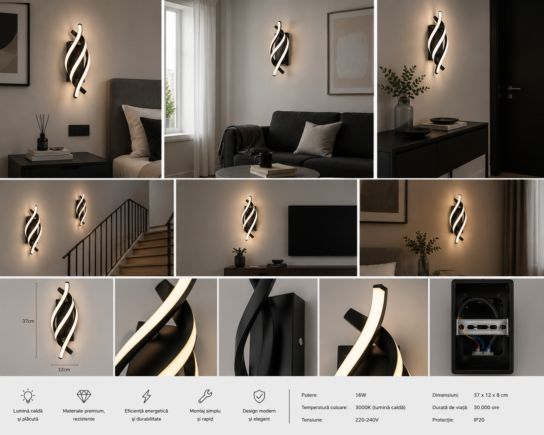 Aplica LED Twist Negru 38W – SX8609 BK | Design Sculptural Modern