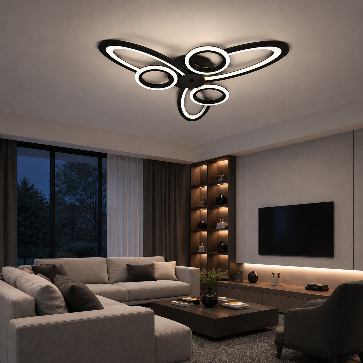 Lustra LED Neagra 6 Cercuri, 96W, 3000-6500K, Telecomanda Inclusa, Model L71591/3+3