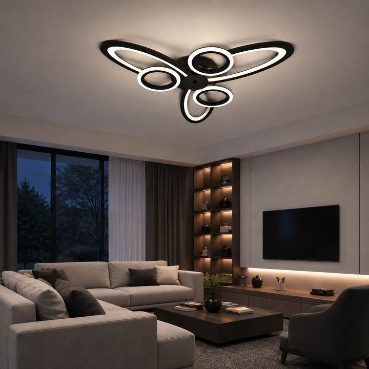 Lustra LED Neagra 6 Cercuri, 96W, 3000-6500K, Telecomanda Inclusa, Model L71591/3+3