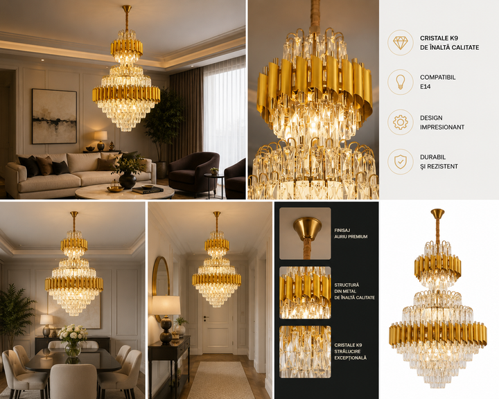 Candelabru Lux 60cm E27 Auriu Cristale 15 Becuri 9001/600×900FG