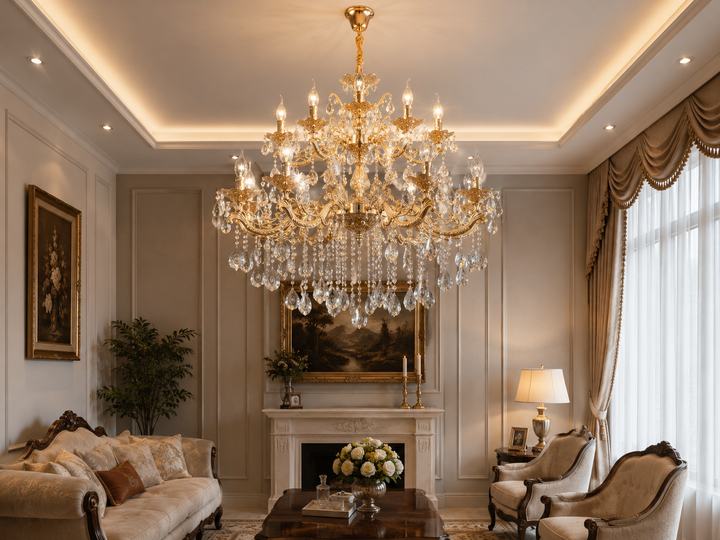Candelabru clasic cu 15 brațe, model 98056/10+5FG, finisaj auriu, soclu E14