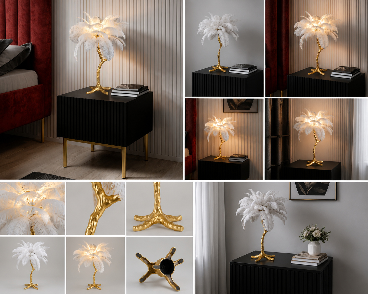 Veioza  decorativă de masă auriu cu pene, 3 becuri G9 – model A888/3T