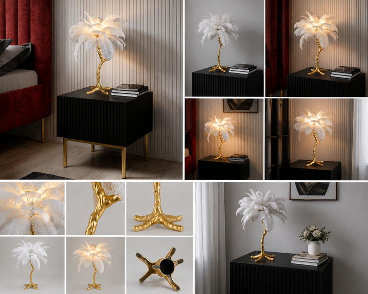 Veioza  decorativă de masă auriu cu pene, 3 becuri G9 – model A888/3T