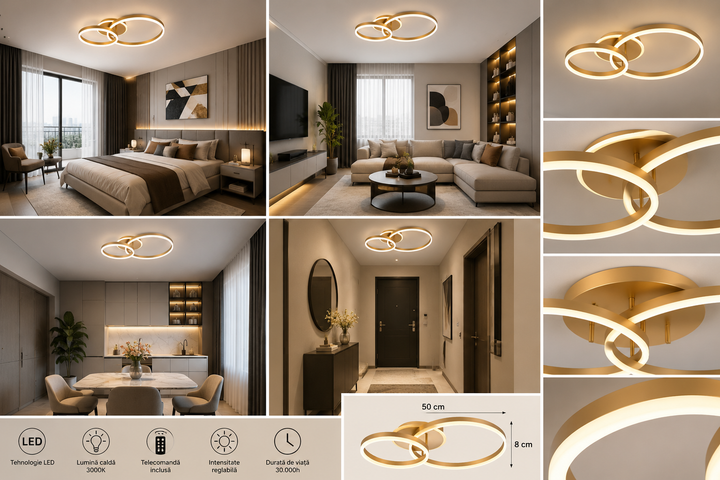 Lustră LED modernă cu inele aurii, 2x61W, 715×500×105 mm, lumină reglabilă 3000K–6500K, telecomandă inclusă
