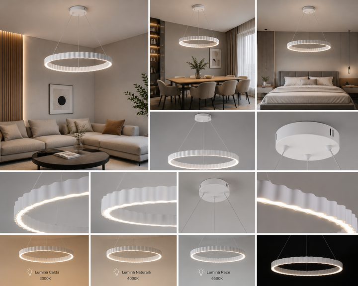 Pendul  LED suspendata rotund alb cu design ondulat și telecomandă – 62W   77259/500 WH