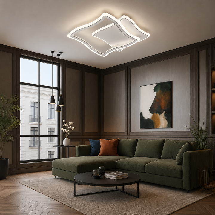 Lustra LED 114W cu telecomandă, design modern pătrat, 590x580x90 mm, lumină reglabilă 3000–6500K – model 19455/3B